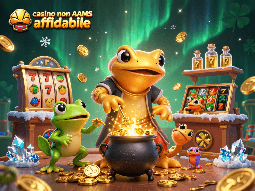 Giocare nel casino non AAMS affidabile, una scena vivace con un alchimista e simboli delle slot.