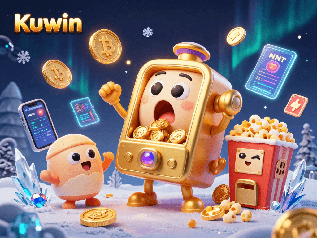 Kuwin's slot machine hits the jackpot with coins pouring out, surrounding elements showcase cryptocurrency and vibrant casino imagery.