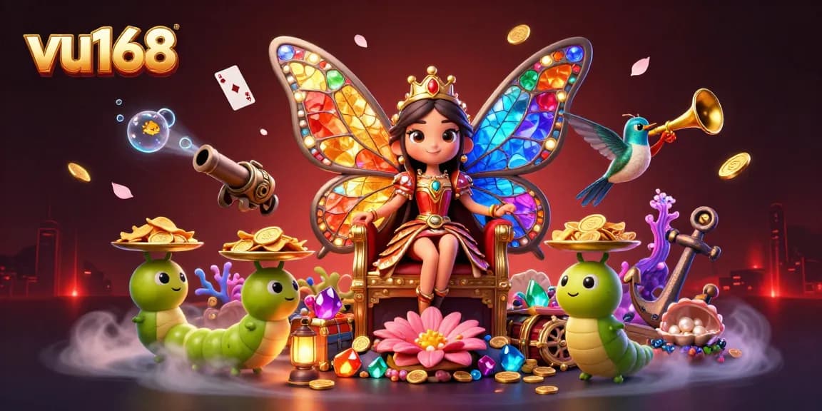 Experience immersive gambling at vu168 with a vibrant butterfly queen scene filled with exciting casino elements.