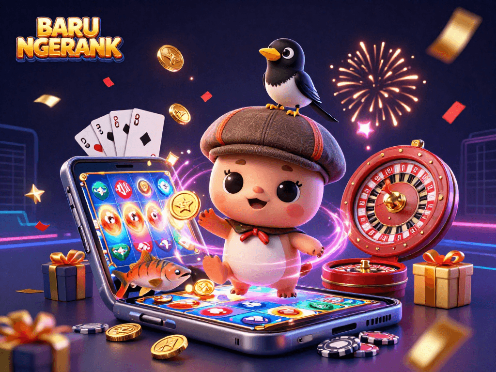 Engage with BARU NGERANK by spinning colorful slots in this festive 3D illustration featuring Nessie and playful characters.