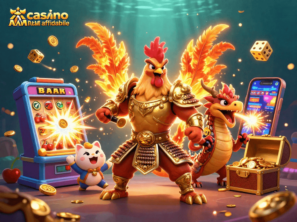 Scopri il mondo del casinò non AAMS affidabile con un guerriero gallo in armatura dorata e un drago, circondati da slot e tesori.