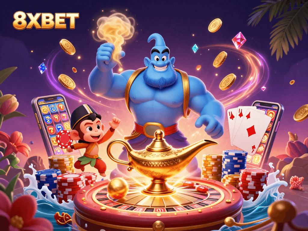A dynamic illustration showcasing 8XBET's immersive casino experience with colorful characters and vibrant gambling elements.