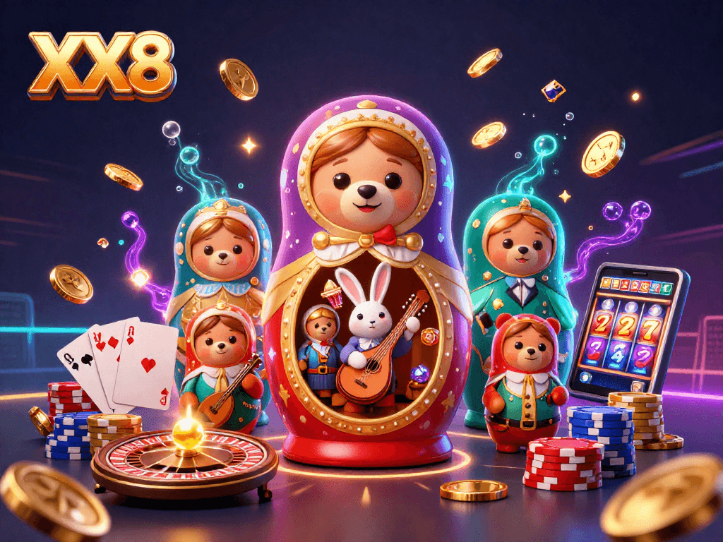Experience the excitement of XX8 with 3D cartoon characters showcasing casino games and vibrant elements.