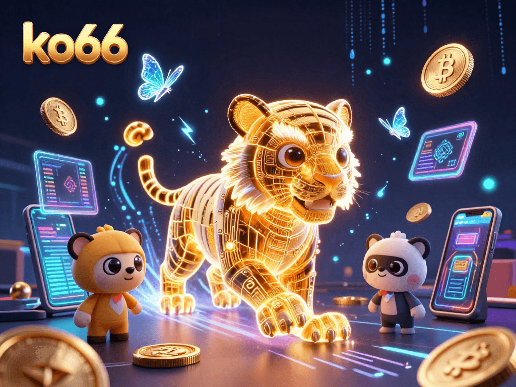 Bet on ko66 as a golden tiger prowls a digital casino landscape adorned with crypto elements.