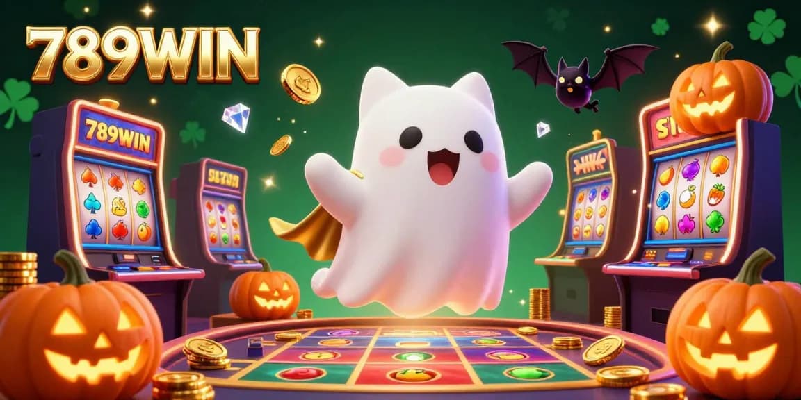 Experience thrilling gameplay with 789WIN featuring a ghost cat and vampire bat in a lively casino filled with treasures.