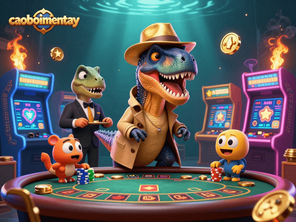 Experience thrilling gaming action in caoboimientay with a velociraptor card counter, stegosaurus pit boss, and compy pickpocket in a vibrant casino scene.