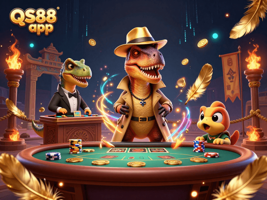 Bet with the QS88 app while a velociraptor card counter tries to stay unseen at a blackjack table.