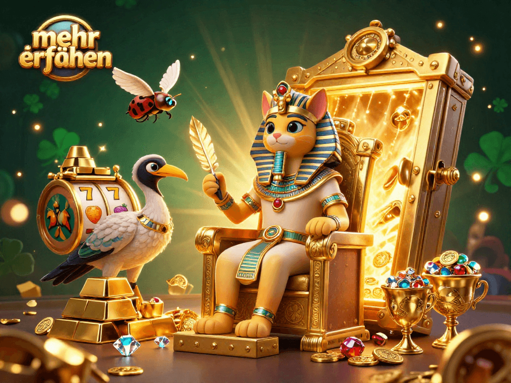 Immerse yourself in the thrill of gambling with this vibrant scene featuring Egyptian themed characters, golden treasures, and joyful symbols to mehr erfahren in your gaming journey!