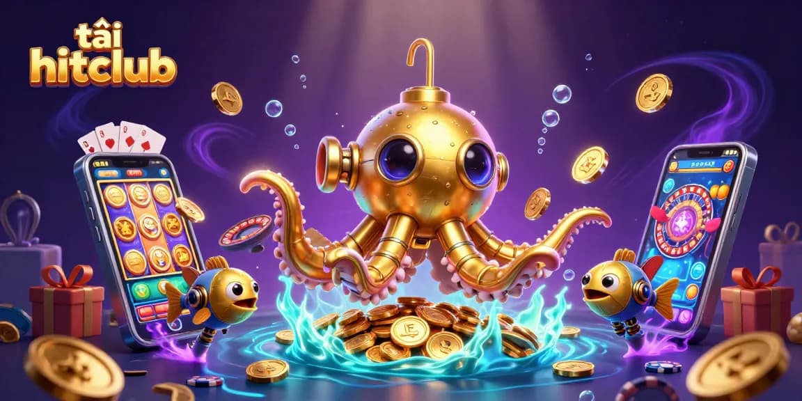 Tải hitclub and play colorful slot games while exploring golden treasures with a fantastical kraken.