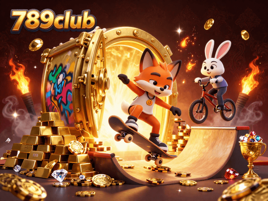 Experience 789club excitement with the skateboarder fox and rabbit in a dynamic casino scene.