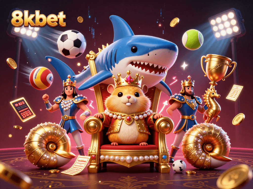 Win big at 8xbet with the golden hamster king on his megalodon throne amidst dynamic sports elements!