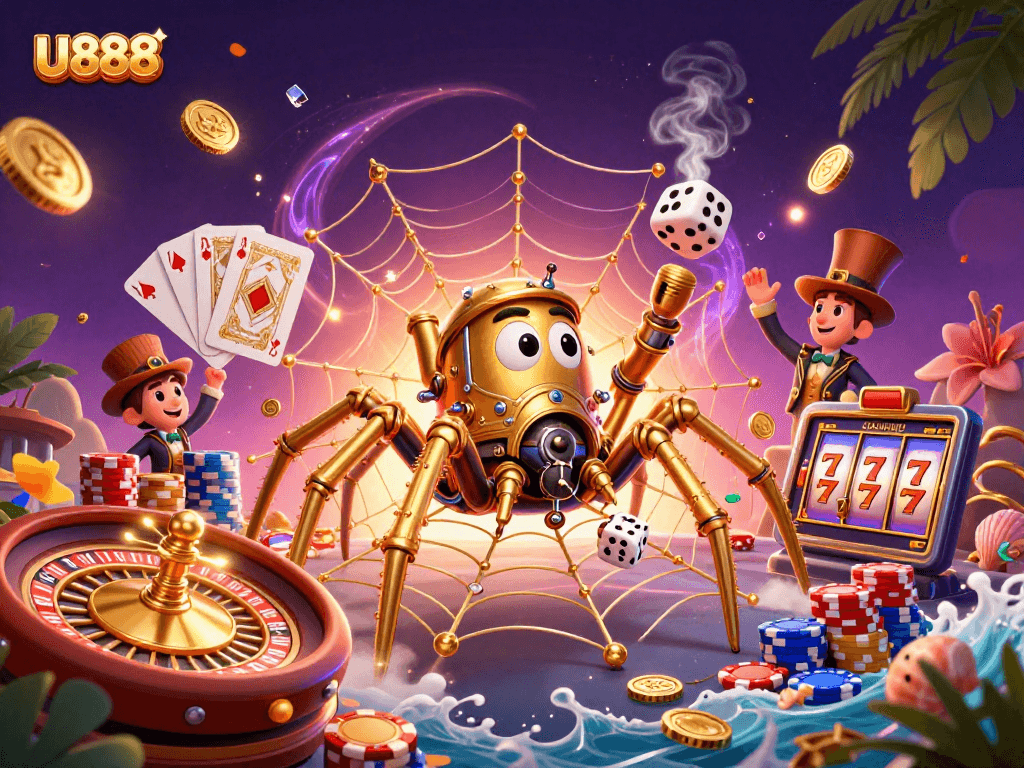 Engage with U888's dynamic gaming scene featuring a steampunk spider and exciting casino elements.