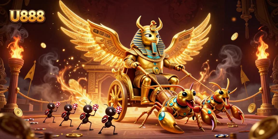 U888 features a colossal golden scarab beetle amidst a vibrant casino scene filled with action.