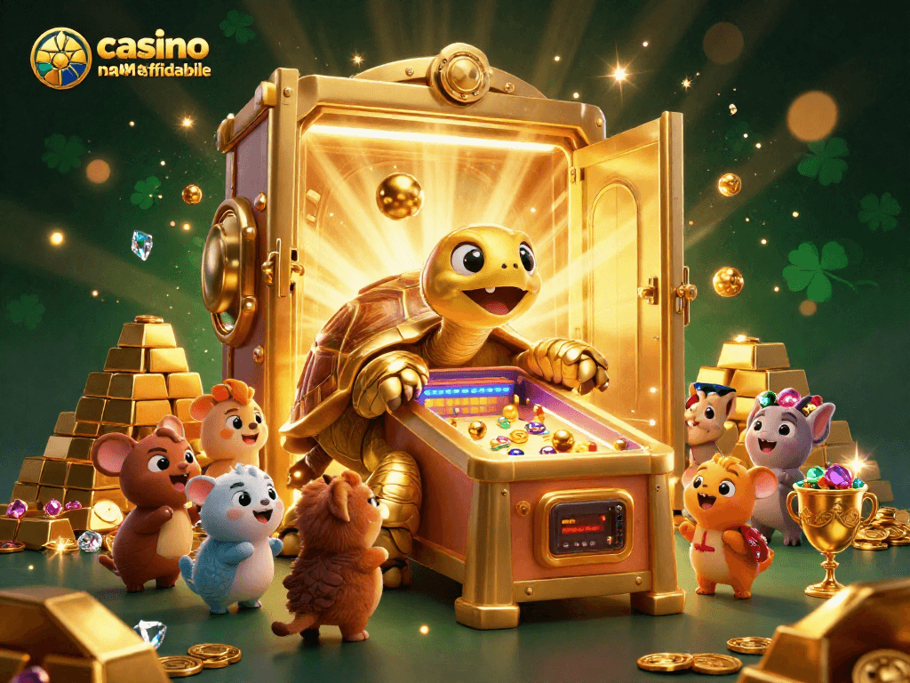 Giocatori entusiasti davanti a un colossale casino non AAMS affidabile, ricco di tesori e giochi.