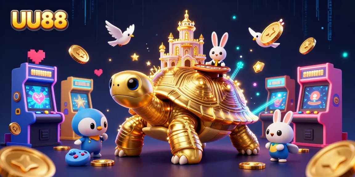 Experience the excitement of UU88 with vibrant casino scenes and a whimsical golden tortoise.