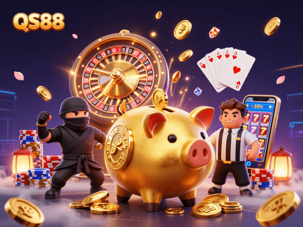 Engage in thrilling gameplay at QS88 with a vibrant 3D casino scene showcasing dynamic characters and gaming elements.