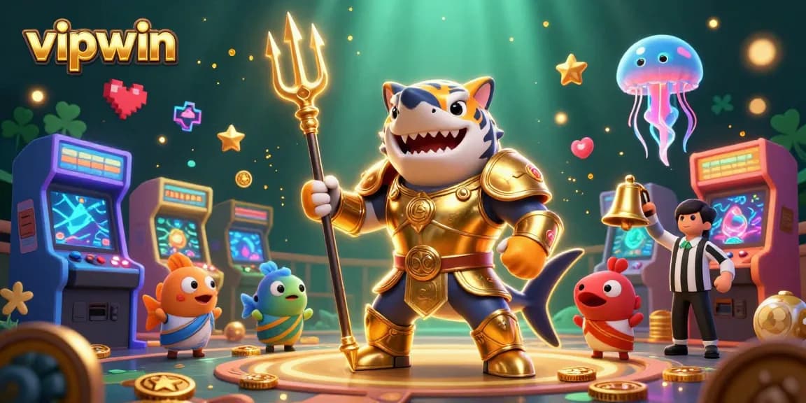 Experience the thrill of vipwin with a vibrant underwater casino scene featuring a tiger shark in gladiator armor.