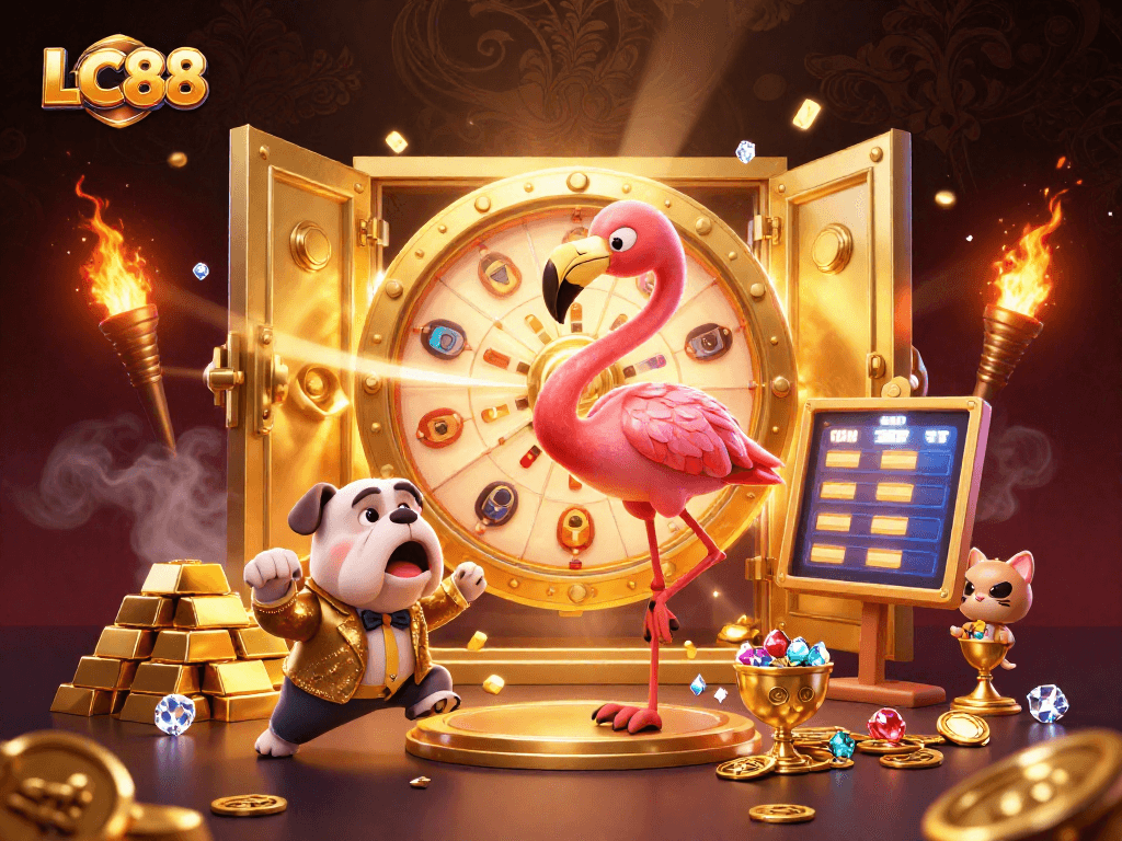 LC88 players enjoying a dynamic game show experience with prizes and gold elements in a vibrant casino setting.