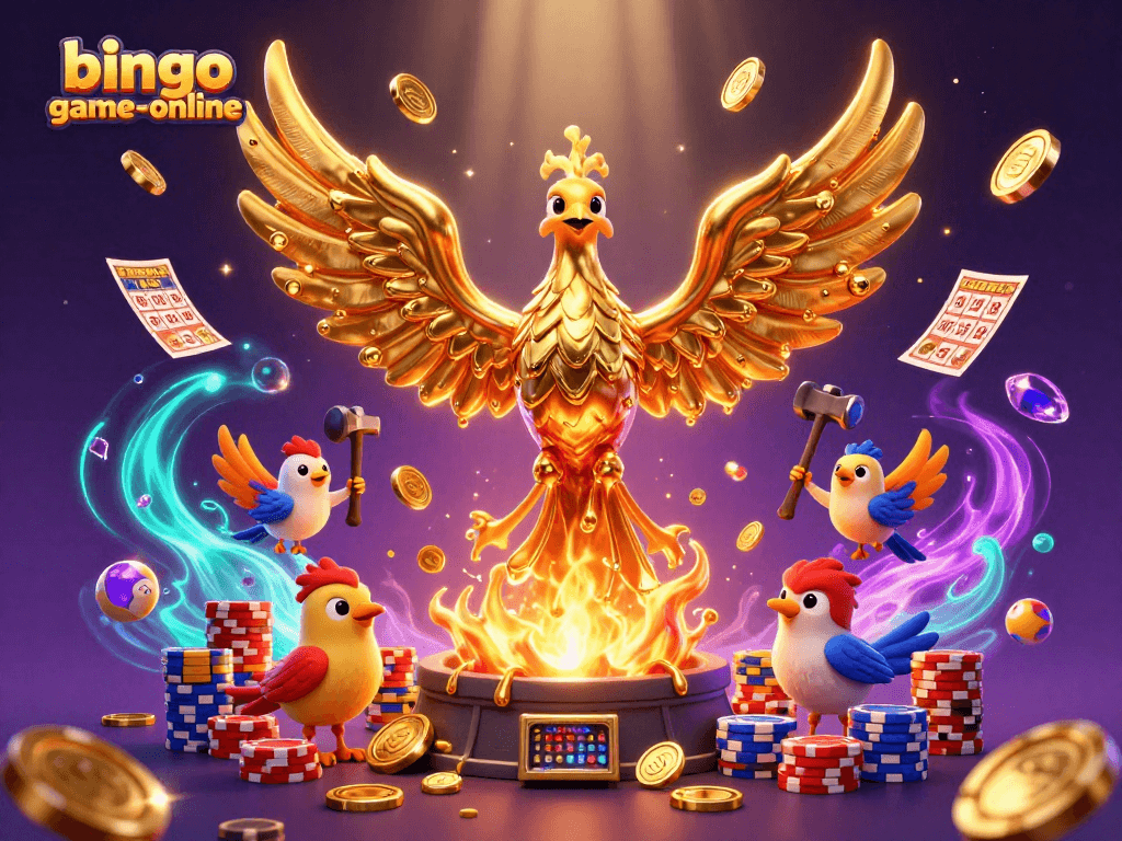 Bingo-game-online features an engaging scene of a molten metal phoenix and bingo elements in a vibrant casino setting.