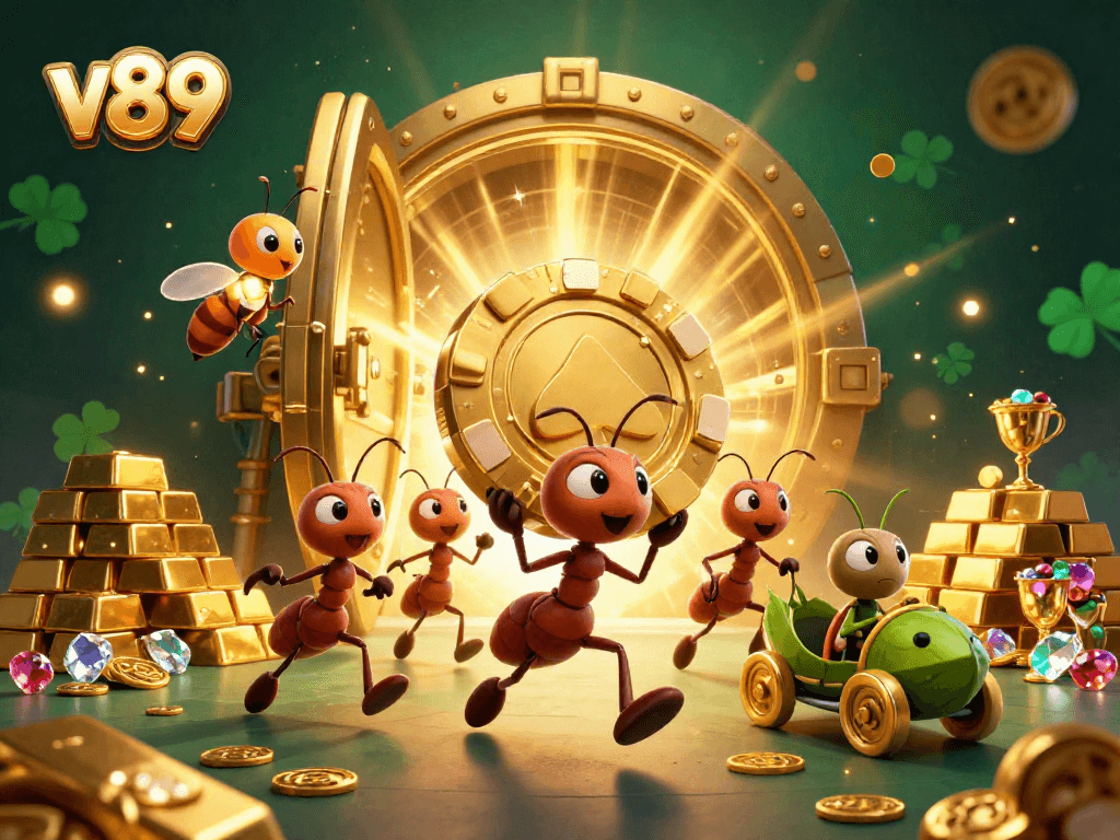 Mengklaim kemenangan di v89 dengan sekelompok semut 3D yang melakukan tugas membawa chip poker raksasa.