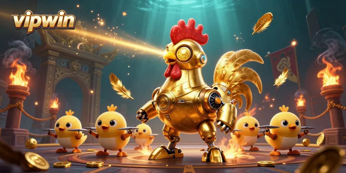 Experience thrilling gameplay at vipwin with golden rooster robot and dynamic casino elements.