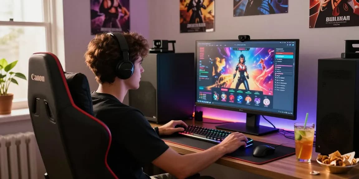 Engaging scene of a gamer playing an online porn game in a stylish setup with vibrant lighting