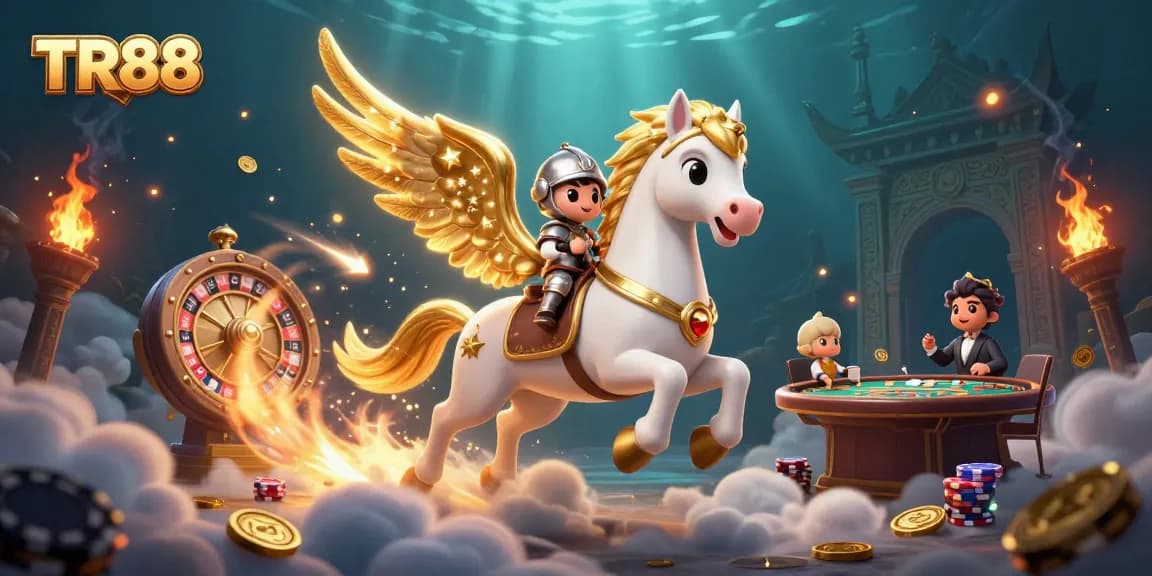 Engage in thrilling action at TR88 with a knight and celestial horse in a vibrant casino scene.