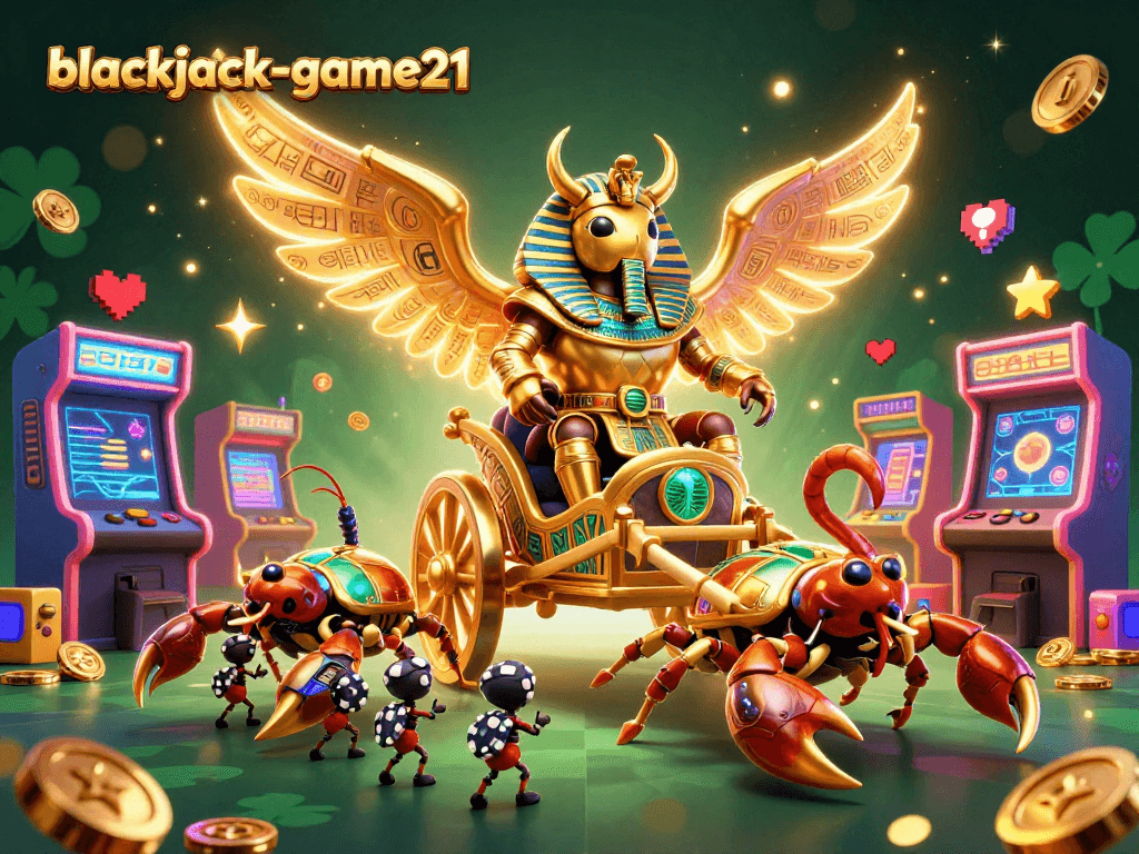 Engage with blackjack-game21 on an exciting 3D illustration featuring a golden beetle and scorpions amid casino gaming elements.