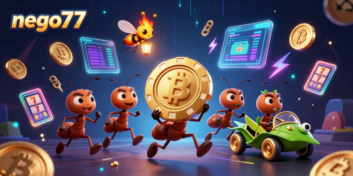 Nego77 features a vibrant scene of playful ants involved in a casino heist with slot reels and crypto elements.