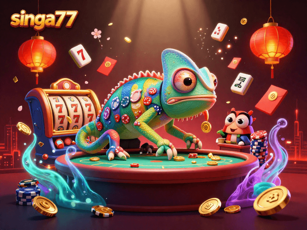 Singa77 casino illustration showing a colorful chameleon gambling amidst vibrant gaming elements.