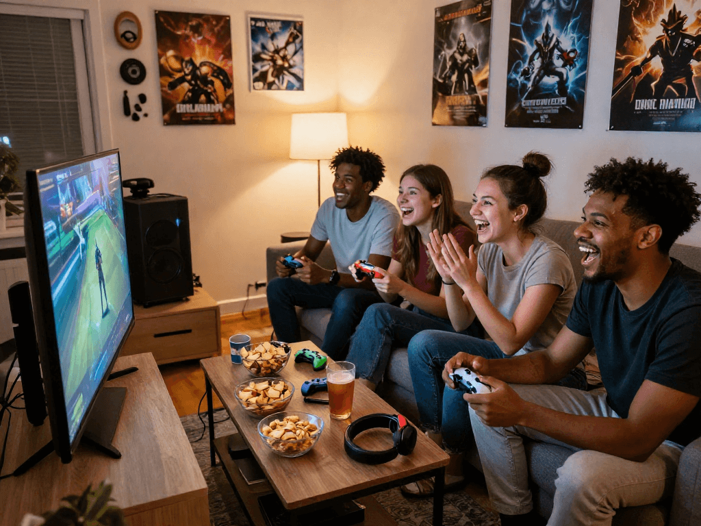 Friends enjoying a gaming night with gacha168 characters in a lively living room.