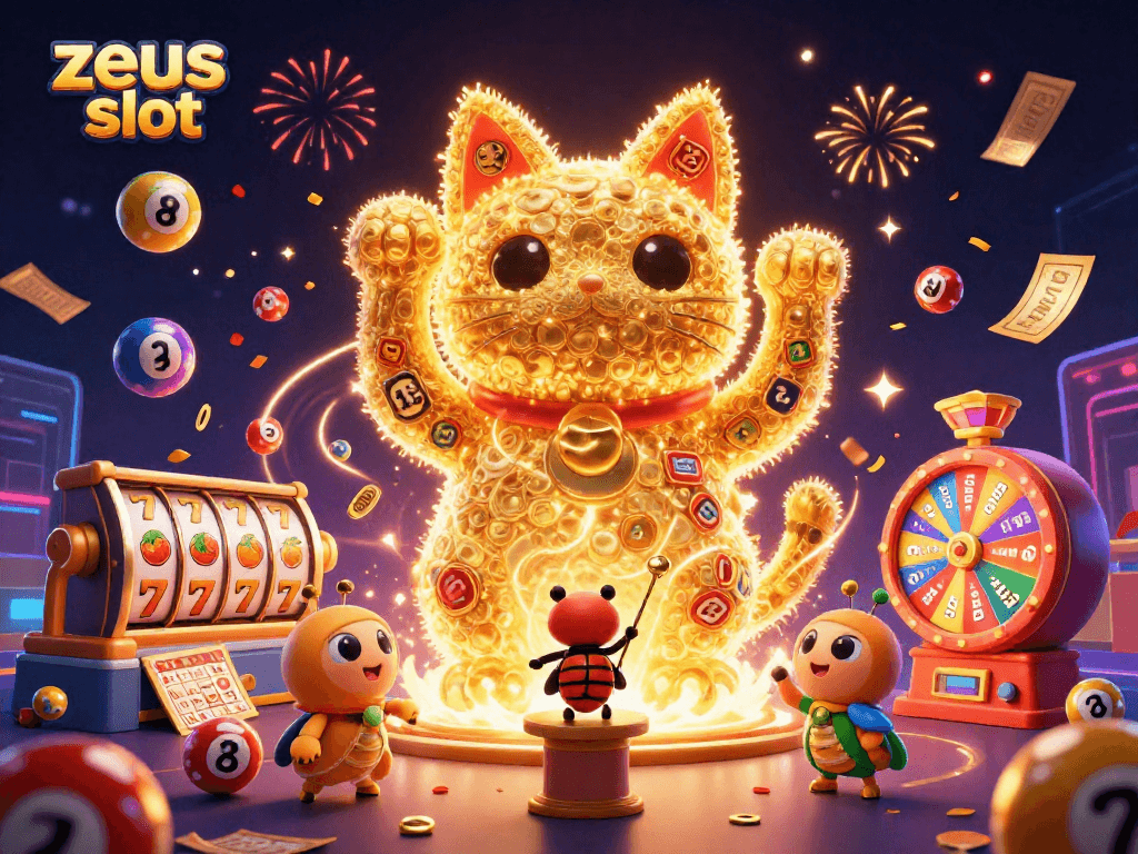 Menggenggam keberuntungan di zeus slot dengan ilustrasi kucing beruntung dan elemen kasino yang meriah.