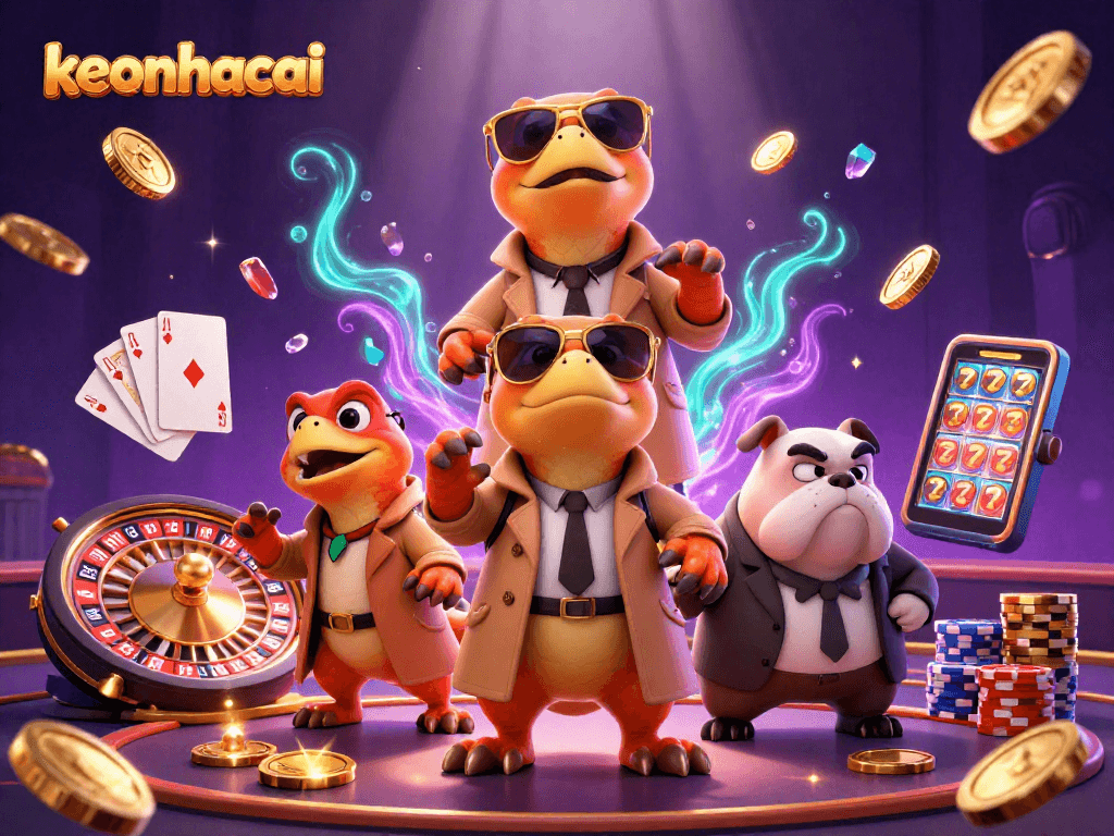 keonhacai showcases whimsical raptors in a trench coat attempting casino entry amid vibrant game elements.