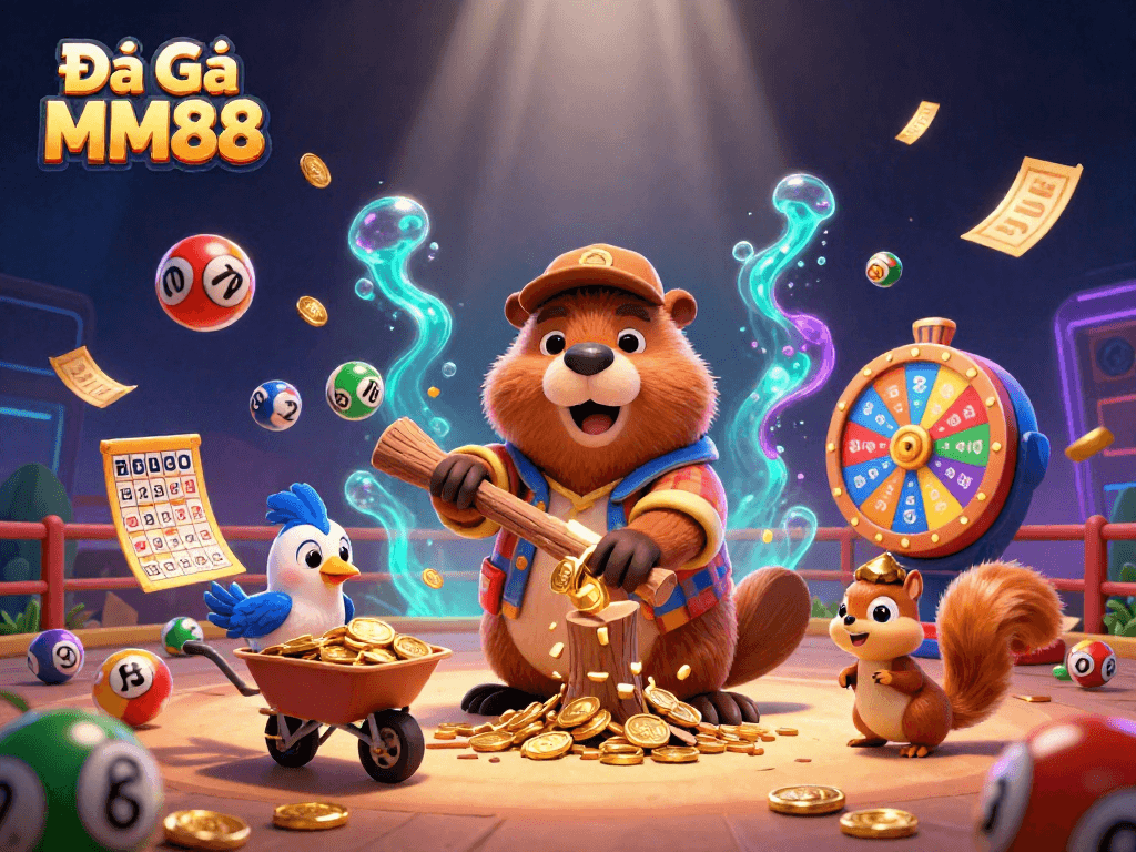 Experience the excitement of Đá Gà MM88, showcasing a lively beaver character with winning elements adorning the scene.