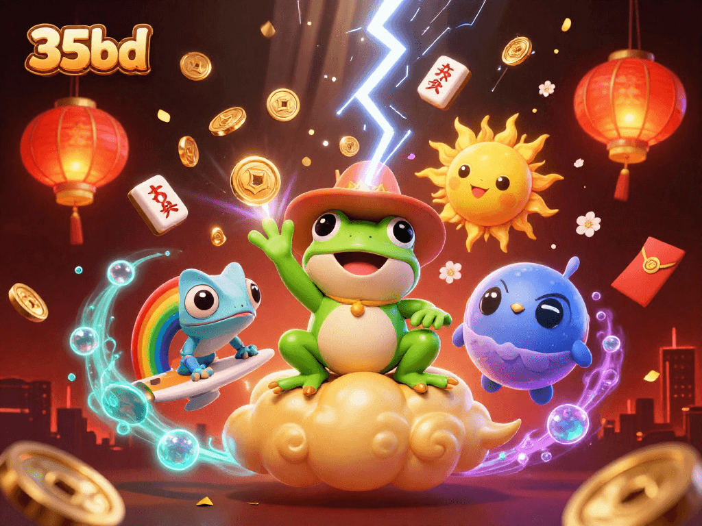 35bd captures gaming excitement with a wizard frog and chameleon amidst coins and vibrant elements