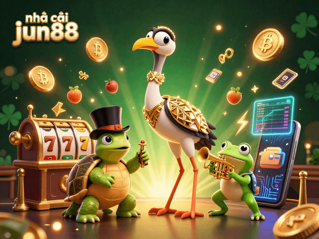 Engage with nhà cái jun88 at a vibrant casino scene featuring a whimsical art deco crane, turtle, and frog with lively gambling elements.