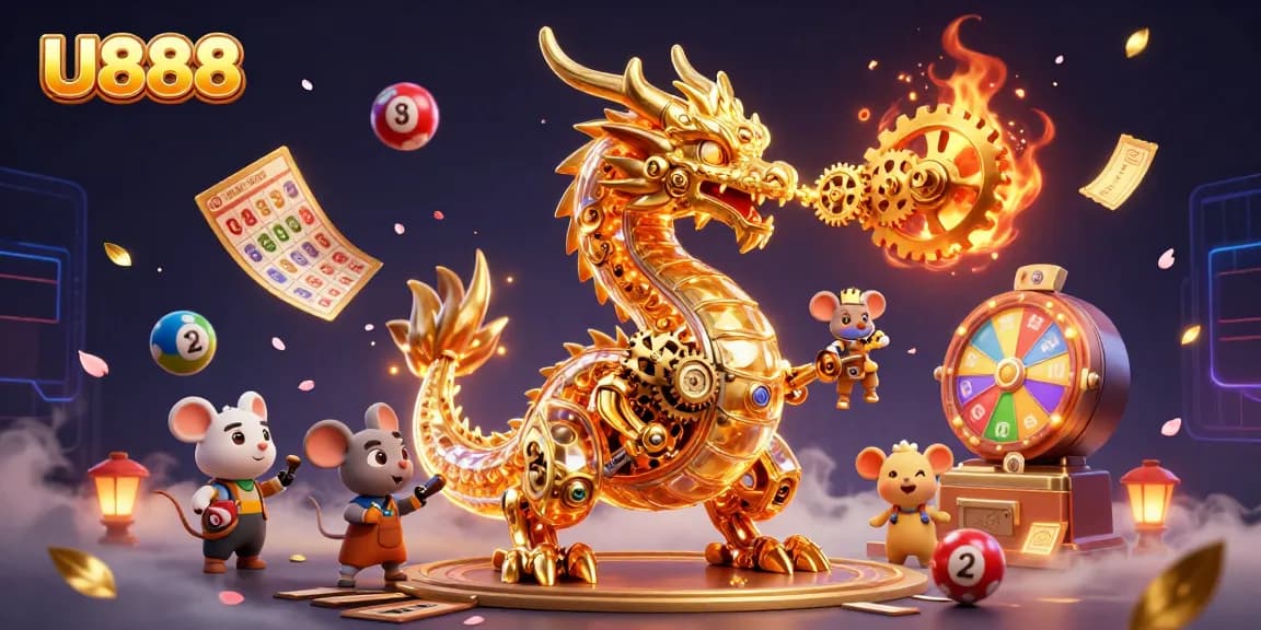 Experience thrilling gameplay at U888 with this dynamic 3D illustration featuring a dragon and lottery elements.