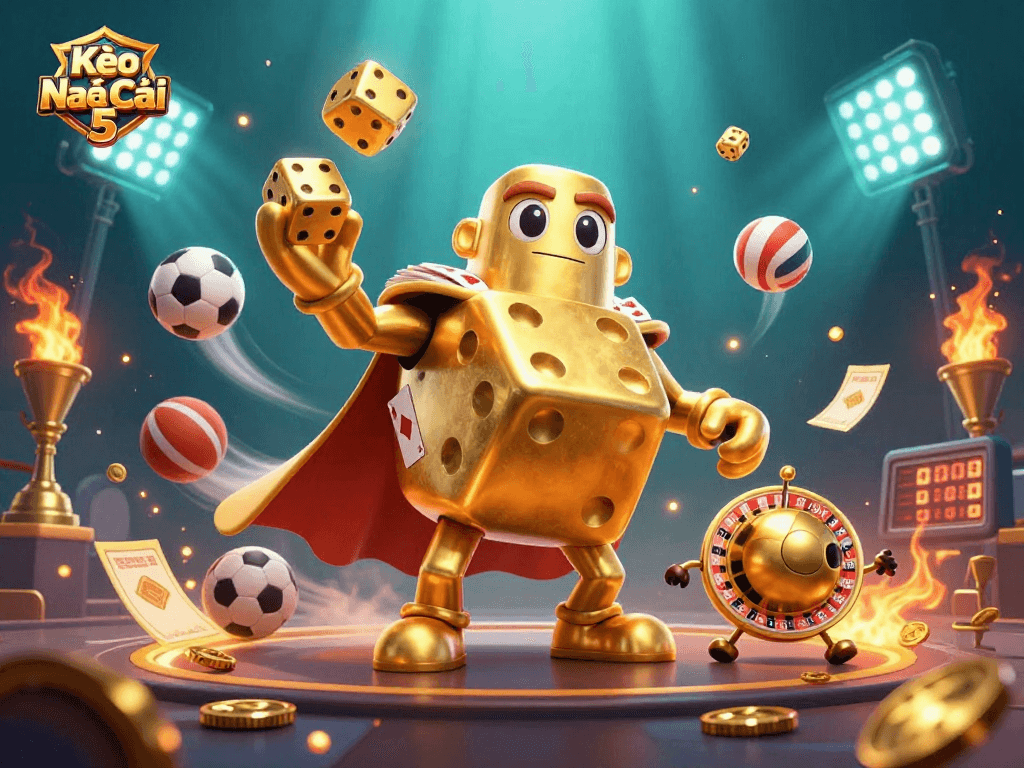 Kèo Nhà Cái 5 illustration showcasing a golden dice golem and sports elements for enhanced betting excitement