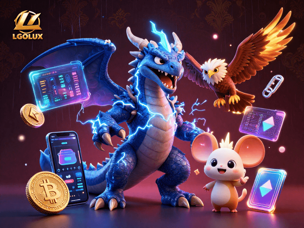 Win big with LGOLUX in this vibrant 3D casino illustration showcasing thrilling gaming elements.
