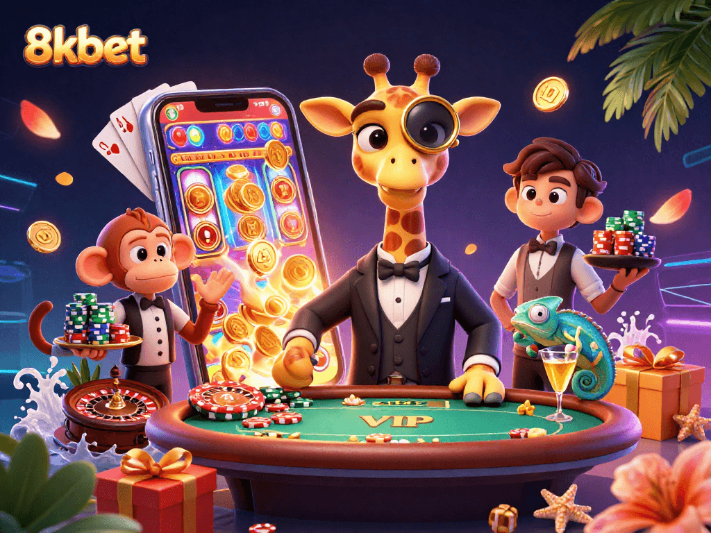 Join the vibrant gaming world of 8kbet with colorful slots, 3D characters, and rich illustrations.