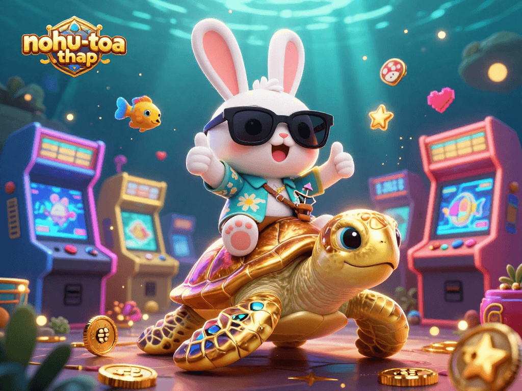 Engage in exciting gameplay with nohu-toa-thap as the lucky rabbit and turtle explore vibrant casino elements.