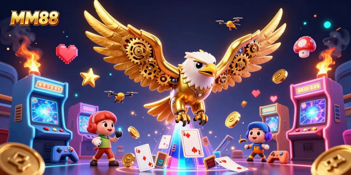 Experience the thrill of MM88 as the golden eagle navigates through vibrant casino games.