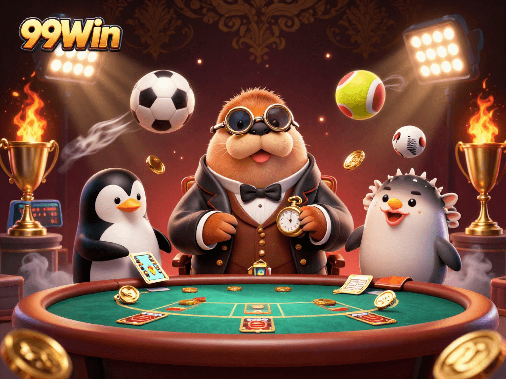 Engage with 99Win's exciting gaming atmosphere featuring the jolly walrus at the poker table.