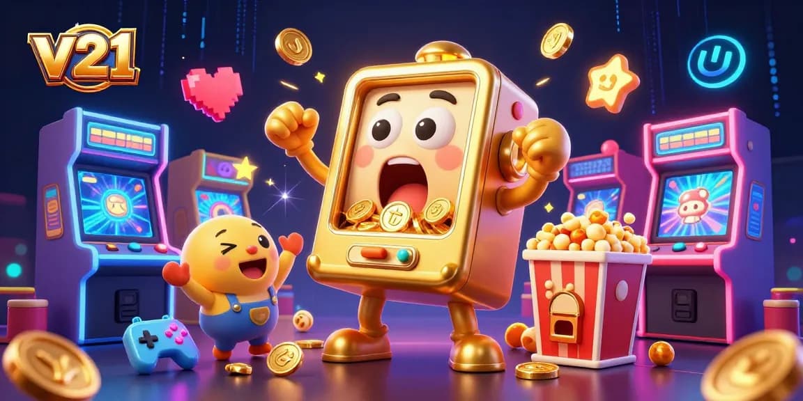 mesin slot v21 mengeluarkan koin emas dengan slot kecil bersorak di sekitarnya