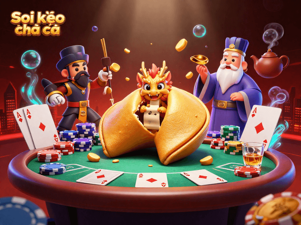 Visualize Soi kèo nhà cái with a vibrant 3D scene featuring a golden fortune cookie and poker elements.