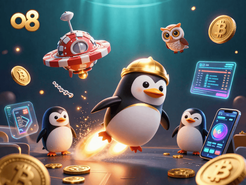 Win exciting prizes at o8 with a vibrant casino-themed illustration showcasing dynamic characters and crypto elements.