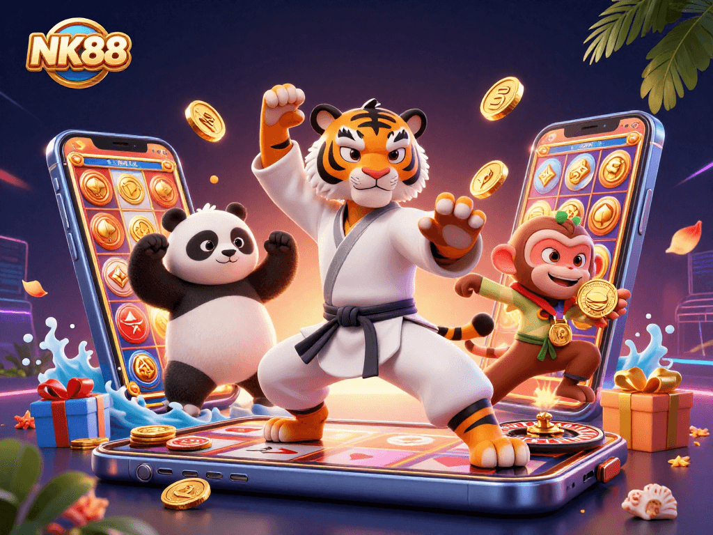 Experience thrilling wins at NK88 with animated characters and vibrant casino elements in a dynamic scene.