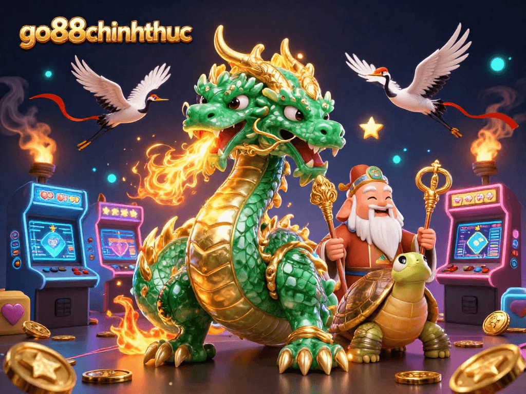 Join the go88chinhthuc gaming adventure with this vibrant illustration featuring a dragon, turtle sage, and lucky cranes.