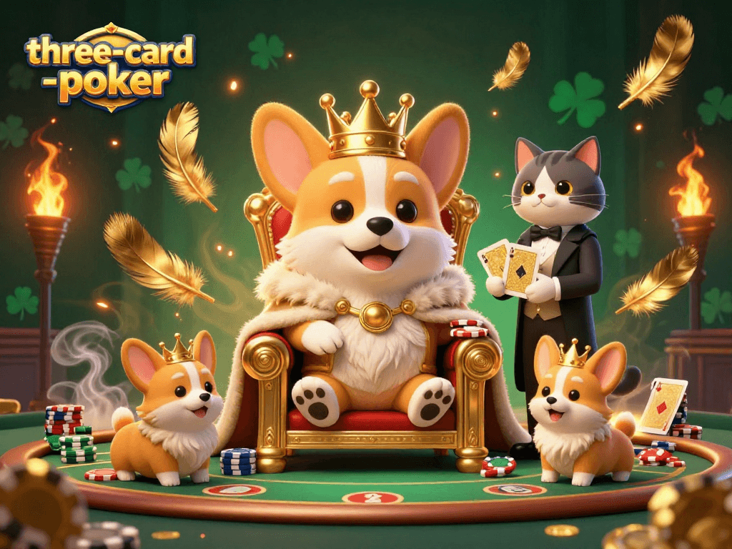 Experience three-card-poker's thrilling gameplay with corgis and a regal atmosphere of chip stacks.