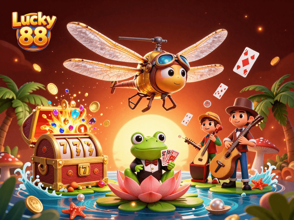 Experience the thrill of Lucky 88 with vibrant casino characters in a dynamic 3D scene.